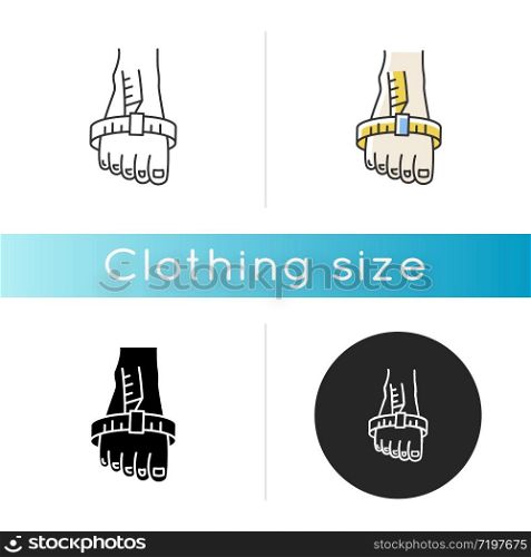 Foot joint circumference icon. Linear black and RGB color styles. Human foot height and width measurements. Body parameters specification for bespoke shoes. Isolated vector illustrations