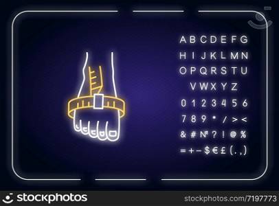 Foot joint circumference neon light icon. Outer glowing effect. Sign with alphabet, numbers and symbols. Body parameters specification for bespoke shoes. Vector isolated RGB color illustration