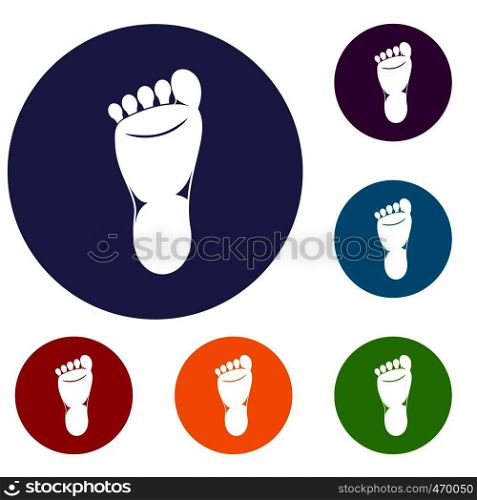 Foot left leg icons set in flat circle reb, blue and green color for web. Foot left leg icons set