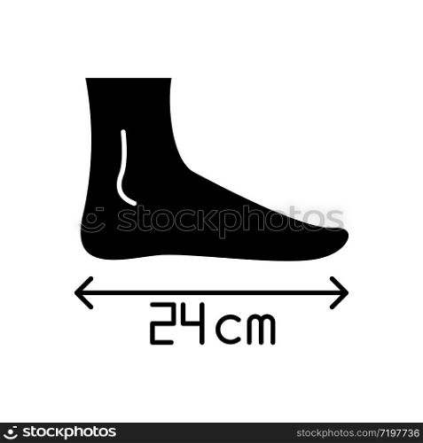 Foot length black glyph icon. Human body parameters measurement, shoemaking silhouette symbol on white space. Foot size from heel to toe specification for bespoke shoes. Vector isolated illustration