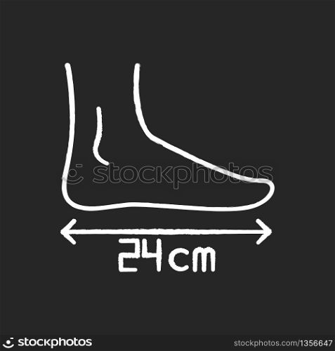 Foot length chalk white icon on black background. Human body parameters measurement, shoemaking. Foot size from heel to toe specification for bespoke shoes. Isolated vector chalkboard illustration
