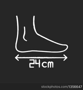 Foot length chalk white icon on black background. Human body parameters measurement, shoemaking. Foot size from heel to toe specification for bespoke shoes. Isolated vector chalkboard illustration