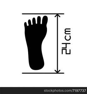 Foot length from toe to heel black glyph icon. Body part size specification, shoemaking silhouette symbol on white space. Measuring foot dimensions for bespoke shoes. Vector isolated illustration