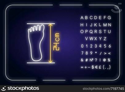 Foot length from toe to heel neon light icon. Outer glowing effect. Body part size specification, shoemaking sign with alphabet, numbers and symbols. Vector isolated RGB color illustration