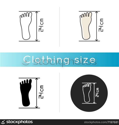 Foot length icon. Linear black and RGB color styles. Human body parameters measurement, shoemaking. Foot size from heel to toe specification for bespoke shoes. Isolated vector illustrations