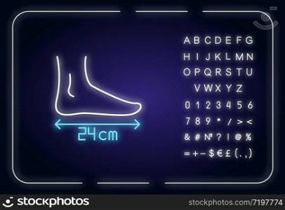 Foot length neon light icon. Outer glowing effect. Human body parameters measurement, shoemaking sign with alphabet, numbers and symbols. Foot size. Vector isolated RGB color illustration