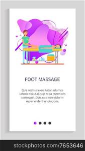 Foot massage vector, client on table and lady therapist working on pain relief, lady masseuse with customer body rubbing and muscles relaxation. Website or app slider template, landing page flat style. Foot Massage of Client in Spa Salon, Website Site