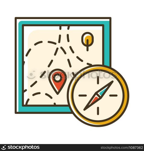 Foot orienteering color icon. Topographical map and compass. Navigating in unfamiliar terrain. Navigation equipment. Hiking, tracking. Marked route. Extreme sport. Isolated vector illustration