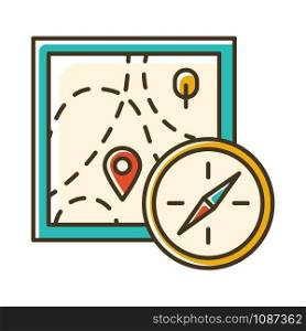 Foot orienteering color icon. Topographical map and compass. Navigating in unfamiliar terrain. Navigation equipment. Hiking, tracking. Marked route. Extreme sport. Isolated vector illustration