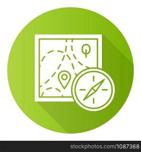 Foot orienteering green flat design long shadow glyph icon. Topographical map and compass. Navigating in unfamiliar terrain. Navigation equipment. Hiking, tracking. Vector silhouette illustration