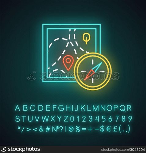 Foot orienteering neon light icon. Topographical map and compass. Navigating in unfamiliar terrain. Navigation equipment. Hiking, tracking. Marked route. Extreme sport. Vector isolated illustration