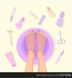 Foot pedicure illustration. Female feet in pelvis and set of items for spa procedures healthy hygiene of cosmetology and relaxation beauty and vector nail treatment.. Foot pedicure illustration. Female feet in pelvis and set of items for spa procedures.