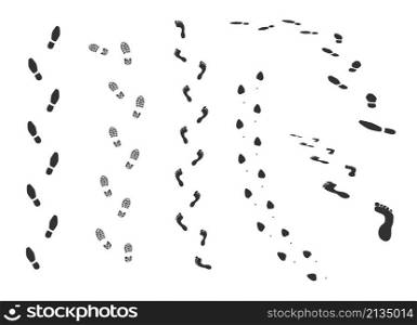 Foot trail. Bare foot and shoe print human trail. Black silhouette walk steps. Male or female leg imprints. Dirty naked soles or footwear tracks. Isolated footstep path. Vector boot shoeprints set. Foot trail. Bare foot and shoe print human trail. Black silhouette walk steps. Male or female leg imprints. Naked soles or footwear tracks. Footstep path. Vector boot shoeprints set