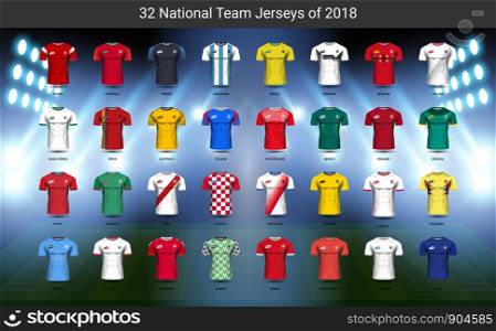 Football 2018 World championship cup, National team soccer jersey uniforms group set, Sport T-Shirt MockUp for your presentation match score or game results of tournament