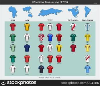 Football 2018 World championship cup, National team soccer jersey uniforms with continents map, Sport T-Shirt MockUp for presentation match score or game results of sport tournament