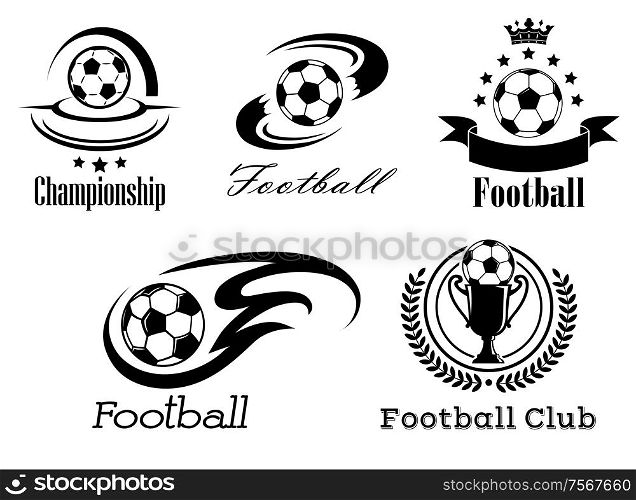 Football and soccer emblems or badges in black and white showing a football with motion trails, flames, banner and crown, wreath and trophy