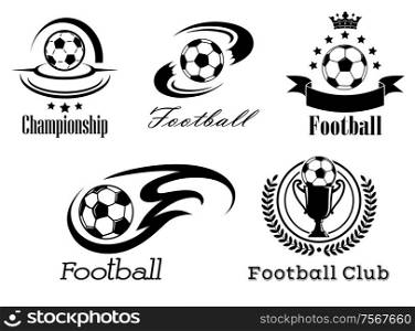 Football and soccer emblems or badges in black and white showing a football with motion trails, flames, banner and crown, wreath and trophy