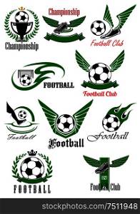 Football and soccer game icons with balls, shoes, trophy and gate, supplemented by wings, flames, laurel wreaths, crowns and ribbon banners. Football and soccer game cions