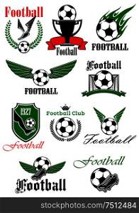 Football and soccer icons with soccer balls, shoes, trophy and gate, decorated by wings, flame, shield, wreaths, ribbon banners and crown. Football icons with sport game items