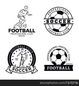 Football and soccer player posters set with headlines on ribbons. Male playing traditional European game wearing special form vector illustration. Football and Soccer Player Set Vector Illustration