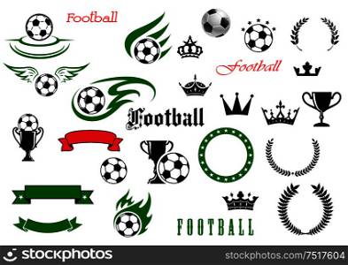 Football and soccer sporting items symbols for championship or club design usage with winged and flaming balls with champion trophy cups, heraldic laurel wreaths and ribbon scroll and banners with crowns and stars. Football or soccer game symbols for sport design