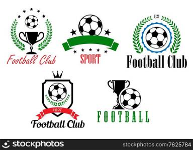 Football and soccer symbols or emblems with heraldic shield, ball, cup, laurel wreath, stars, banner and text, suitable for sporting logo and heraldic design