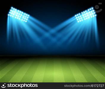Football arena. Vector Soccer field with searchlight, spotlight, projector