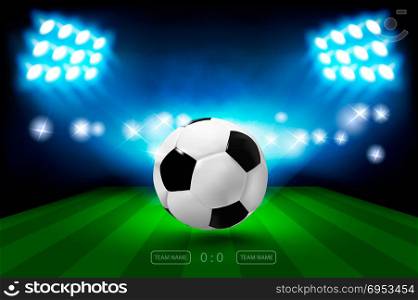 Football arena with bright stadium lights and ball. Football Championship 2018 Soccer Cup. Vector illumination