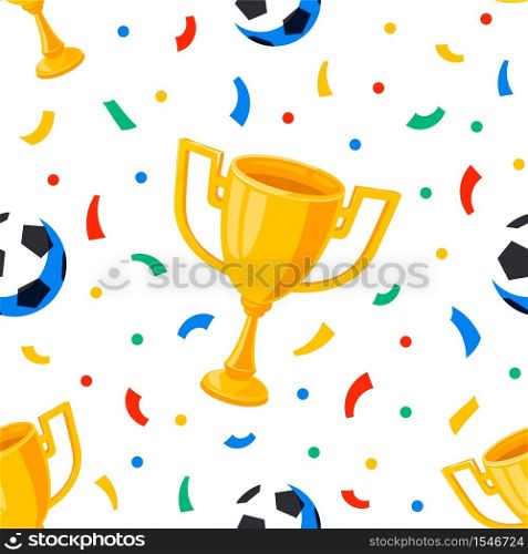 Football cup, balls and confetti seamless pattern. Sport championship. Flat style cartoon full color background, wrapping, wallpaper. Vector illustration. Football cup, balls and confetti seamless pattern. Sport championship. Flat style cartoon full color background.
