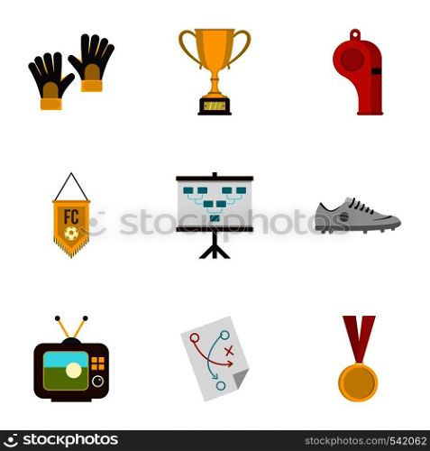 Football equipment icons set. Flat set of 9 football equipment vector icons for web isolated on white background. Football equipment icons set, flat style