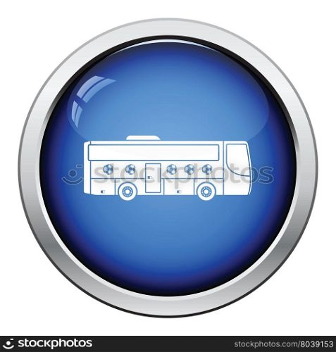 Football fan bus icon. Glossy button design. Vector illustration.