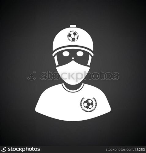 Football fan with covered face by scarf icon. Black background with white. Vector illustration.