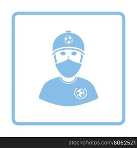 Football fan with covered face by scarf icon. Blue frame design. Vector illustration.