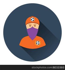Football fan with covered face by scarf icon. Flat color design. Vector illustration.