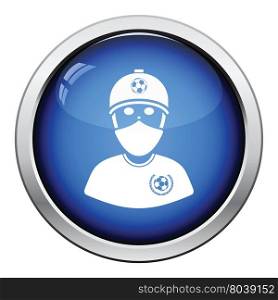 Football fan with covered face by scarf icon. Glossy button design. Vector illustration.