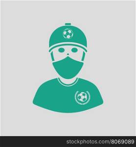Football fan with covered face by scarf icon. Gray background with green. Vector illustration.