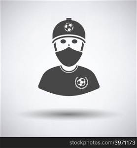 Football fan with covered face by scarf icon on gray background, round shadow. Vector illustration.