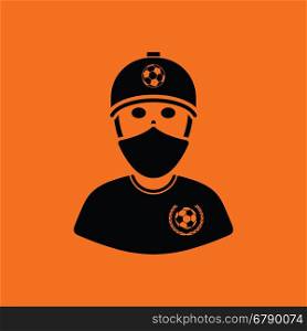 Football fan with covered face by scarf icon. Orange background with black. Vector illustration.