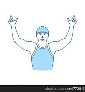 Football Fan With Hands Up Icon. Thin Line With Blue Fill Design. Vector Illustration.