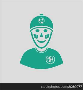 Football fan with painted face by italian flags icon. Gray background with green. Vector illustration.