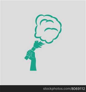 Football fans hand holding burned flayer with smoke icon. Gray background with green. Vector illustration.