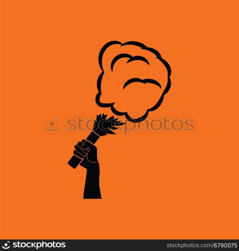 Football fans hand holding burned flayer with smoke icon. Orange background with black. Vector illustration.