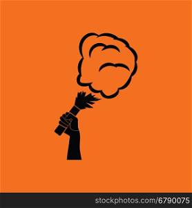 Football fans hand holding burned flayer with smoke icon. Orange background with black. Vector illustration.