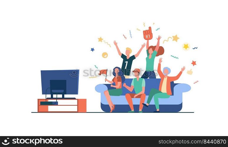 Football fans watching match on TV. Friends sitting on couch and celebrating soccer team winning or goal. Vector illustration for ch&ionship, leisure at home, sport game supporter concept