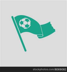 Football fans waving flag with soccer ball icon. Gray background with green. Vector illustration.