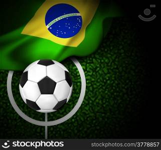 Football field with ball and flag of Brazil. Vector illustration