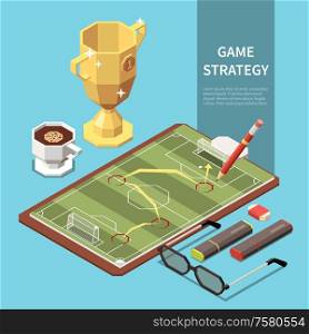 Football game strategy on sheet of paper pencil markers glasses cup on blue background 3d isometric vector illustration