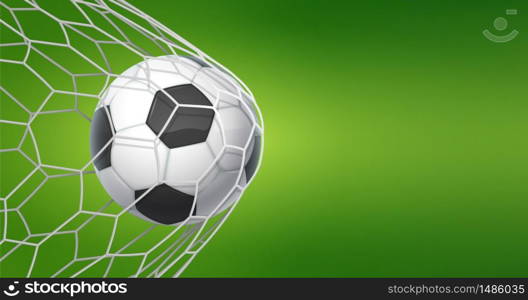 Football goal background. Soccer banner with ball in net and place for text, sport game and football championship cut. Vector illustration concept of goal in green. Football goal background. Soccer banner with ball in net and place for text, sport game and football championship cut. Vector concept of goal