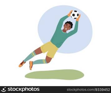 Football goalkeeper isolated. Soccer goalie player jumping and catching ball. Flat vector illustration of african american man playing football.. Football goalkeeper isolated. Soccer goalie player jumping and catching ball. Flat vector illustration of african american man playing football