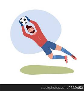 Football goalkeeper isolated. Soccer goalie player jumping and catching ball. Flat vector illustration of man playing football.. Football goalkeeper isolated. Soccer goalie player jumping and catching ball. Flat vector illustration of man playing football